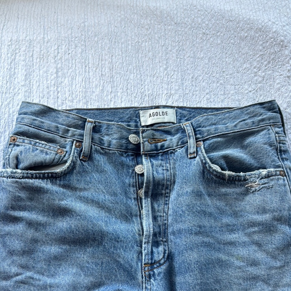 Agolde Blue Classic Denim Jeans with Distressed Details